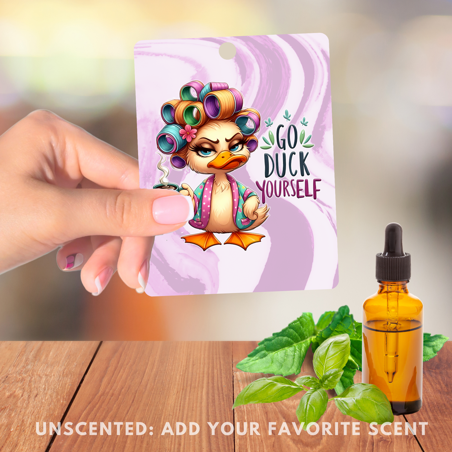 Purple Funny Freshener, Add Your Scent, Unscented Felt Freshie for Cars, Closets, Lockers: "Go Duck Yourself"