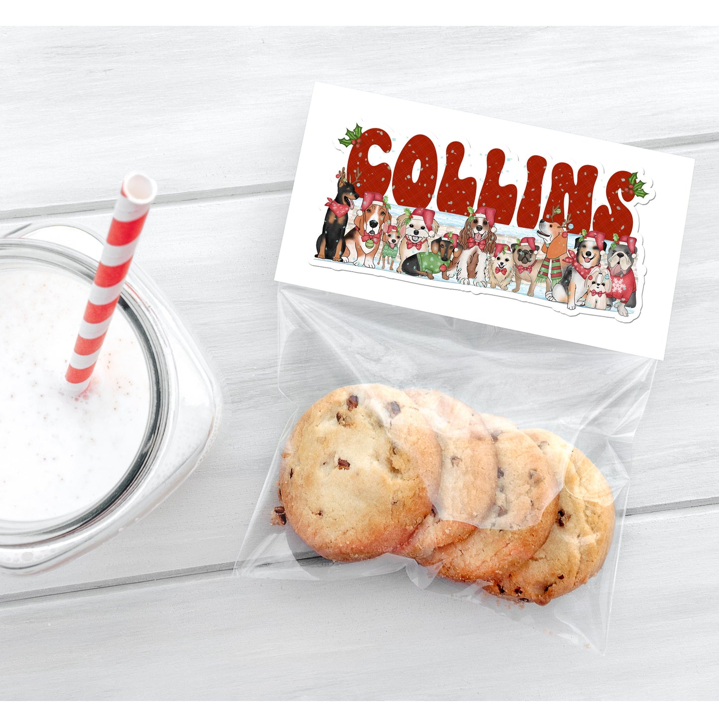 Christmas Dogs Name Sticker, Personalized Gift Label, Custom Doggy Text Decal, Holiday Party Favor Tags, Cute Stocking Stuffers for Kids