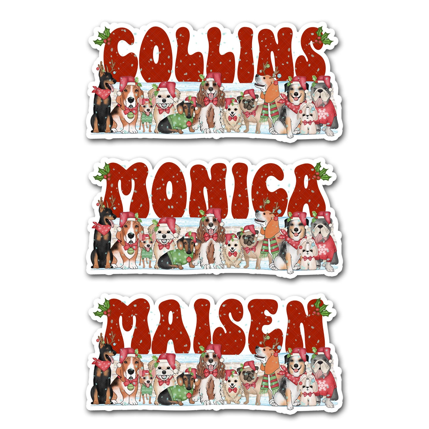 Christmas Dogs Name Sticker, Personalized Gift Label, Custom Doggy Text Decal, Holiday Party Favor Tags, Cute Stocking Stuffers for Kids