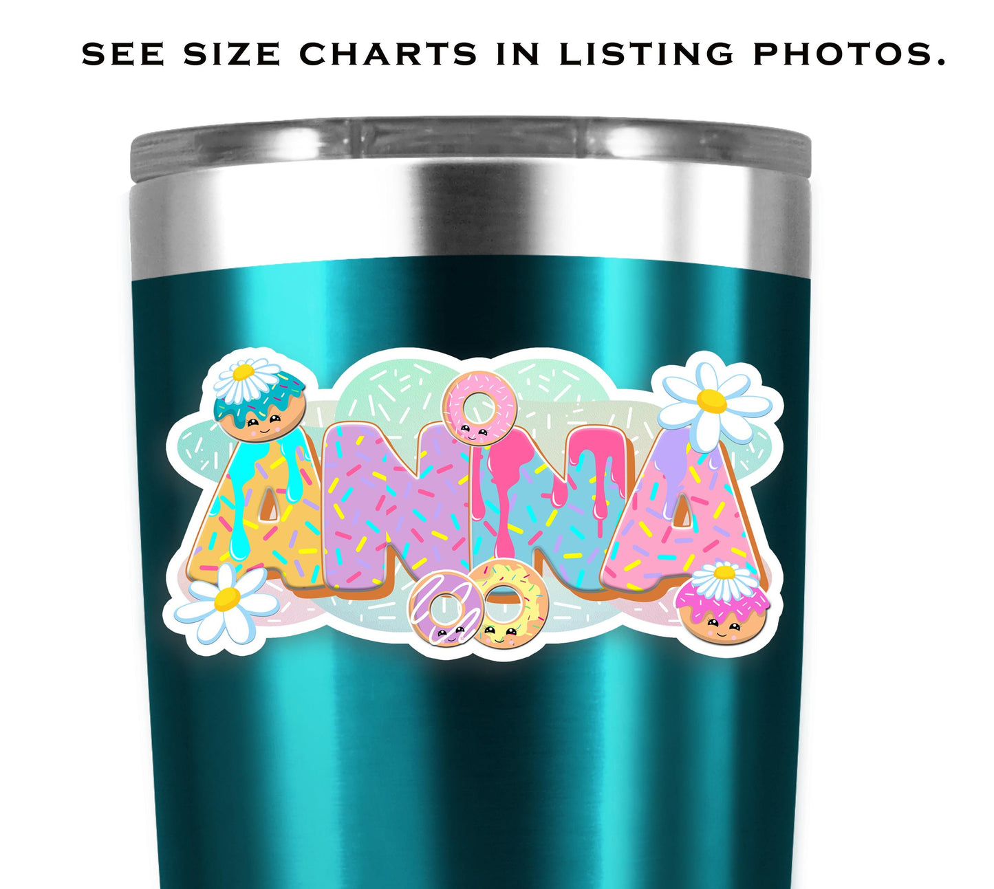Custom Kawaii Donut Name Sticker, Funny Food Decal, Vinyl Labels for Tumblers, Water Bottles, Gifts, Party Supplies