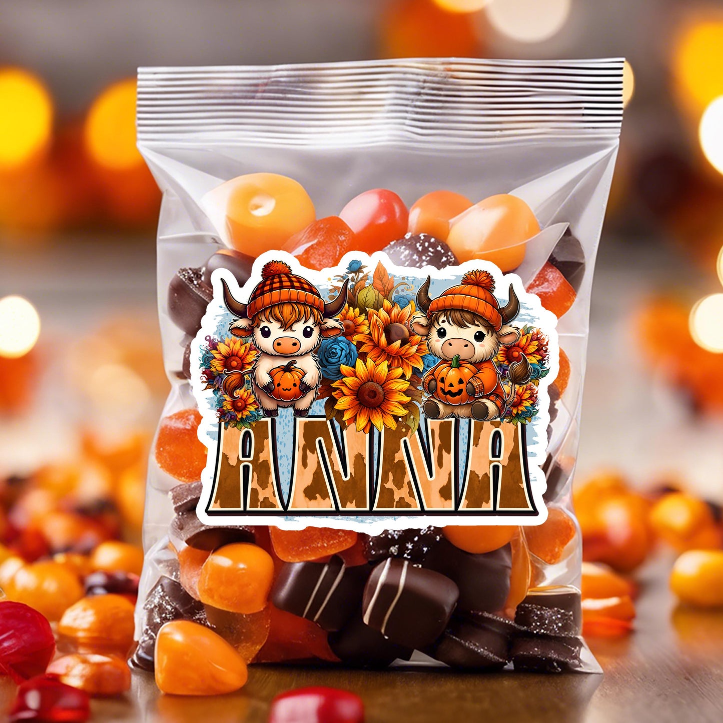 Custom Name Sticker - Cute Highland Cow with Sunflowers & Pumpkins - Fall Theme - Durable Waterproof Label for Gift Tags, Mugs, Tumblers