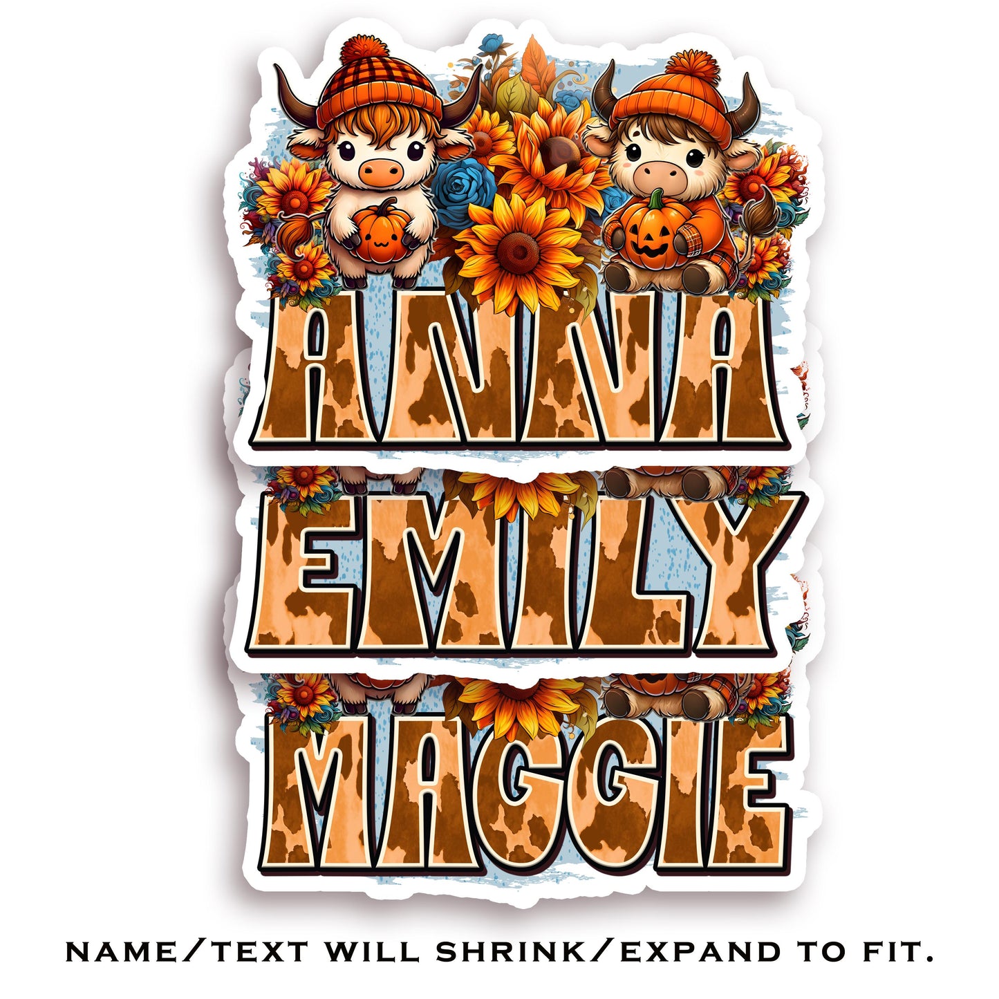 Custom Name Sticker - Cute Highland Cow with Sunflowers & Pumpkins - Fall Theme - Durable Waterproof Label for Gift Tags, Mugs, Tumblers
