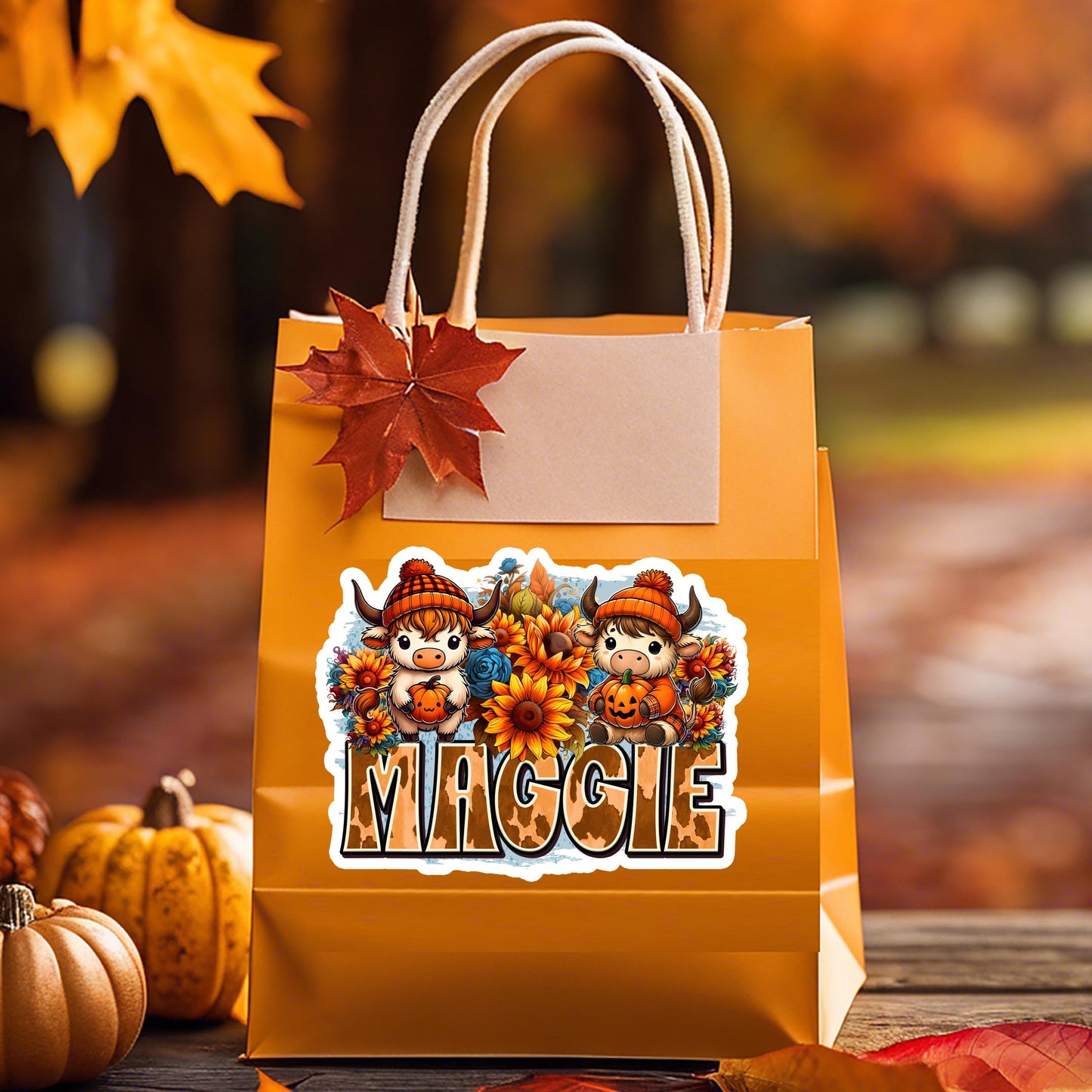 Custom Name Sticker - Cute Highland Cow with Sunflowers & Pumpkins - Fall Theme - Durable Waterproof Label for Gift Tags, Mugs, Tumblers