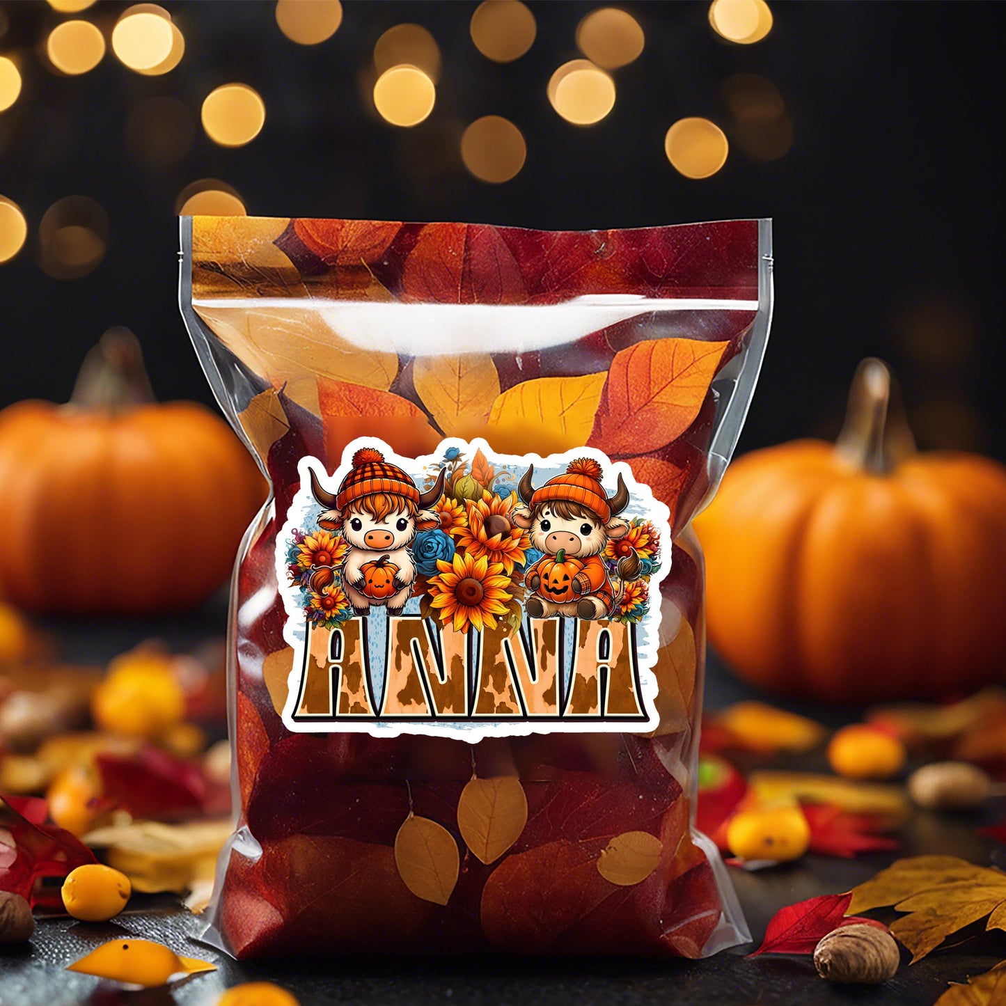 Custom Name Sticker - Cute Highland Cow with Sunflowers & Pumpkins - Fall Theme - Durable Waterproof Label for Gift Tags, Mugs, Tumblers