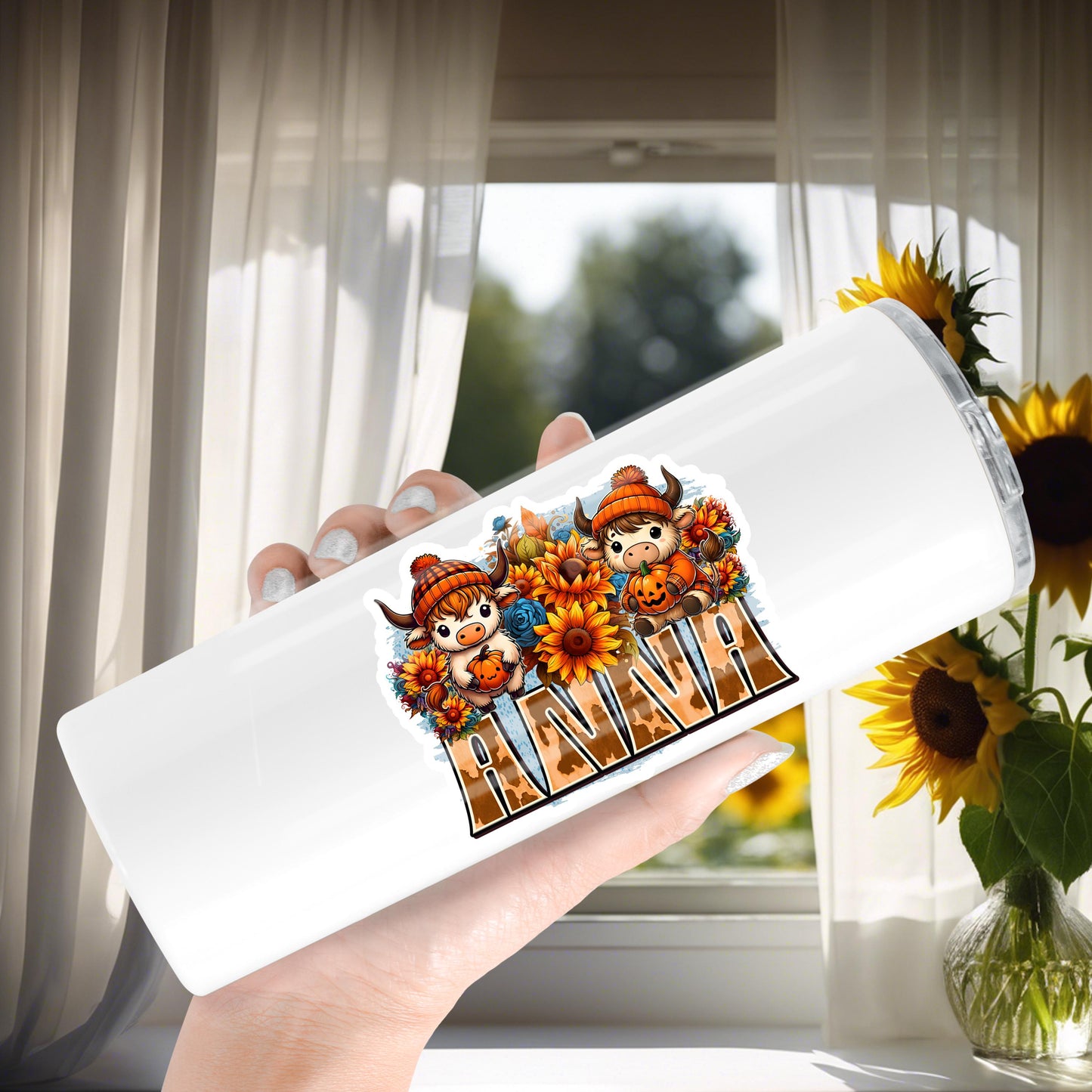 Custom Name Sticker - Cute Highland Cow with Sunflowers & Pumpkins - Fall Theme - Durable Waterproof Label for Gift Tags, Mugs, Tumblers
