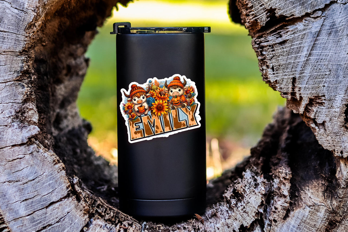 Custom Name Sticker - Cute Highland Cow with Sunflowers & Pumpkins - Fall Theme - Durable Waterproof Label for Gift Tags, Mugs, Tumblers