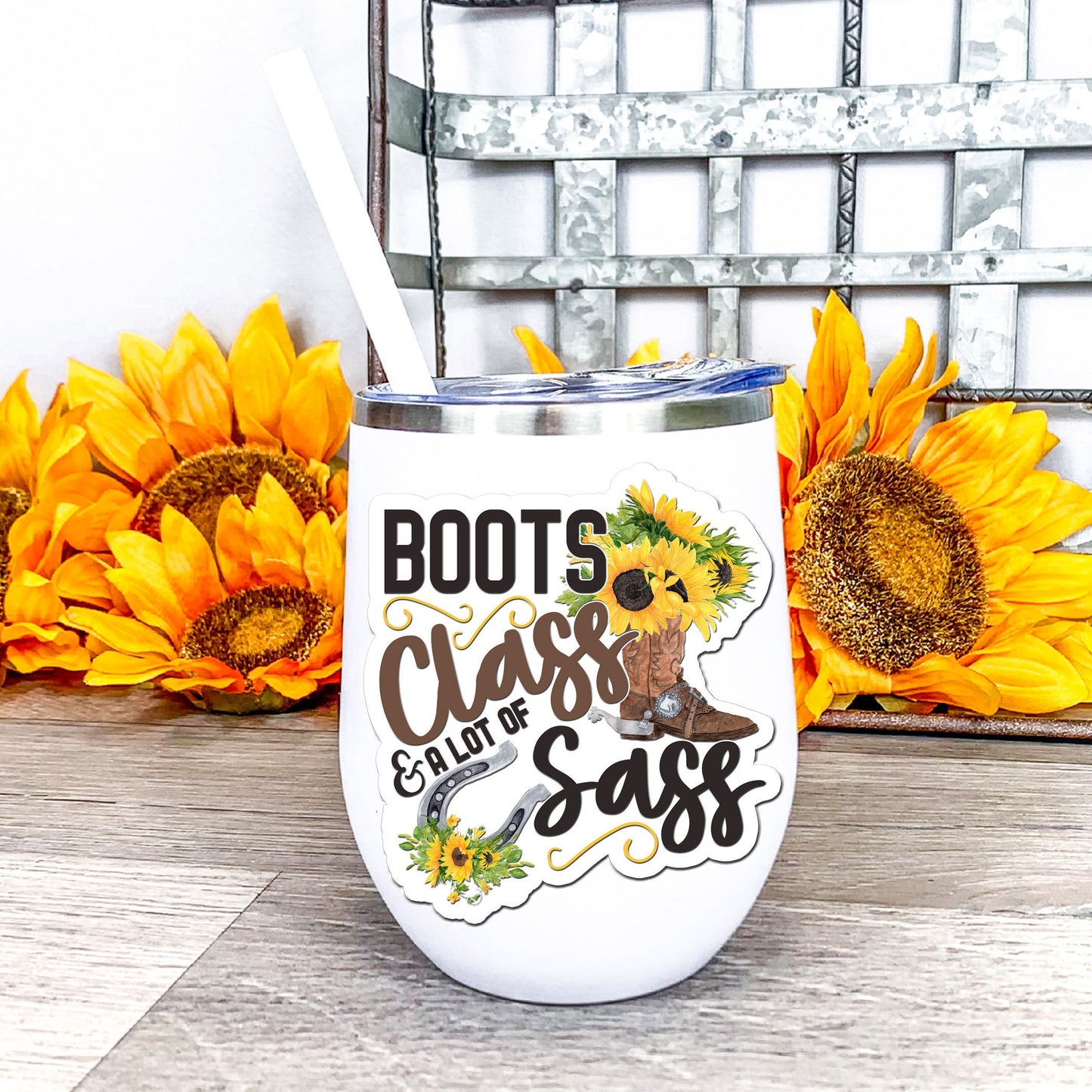 Boots Class Sass Custom Waterproof Sticker, Cowgirl Party Supplies, Southern Girl Gift Bag Sticker, Country Girl Decal, Sunflower Sticker