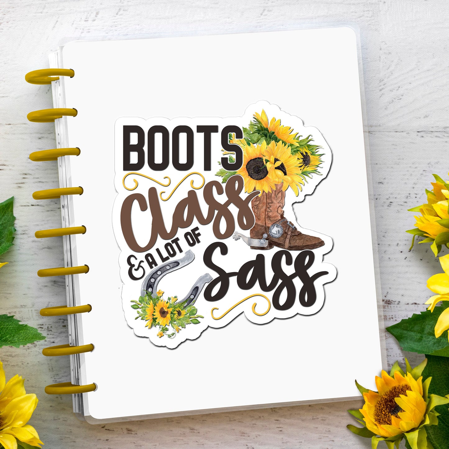 Boots Class Sass Custom Waterproof Sticker, Cowgirl Party Supplies, Southern Girl Gift Bag Sticker, Country Girl Decal, Sunflower Sticker