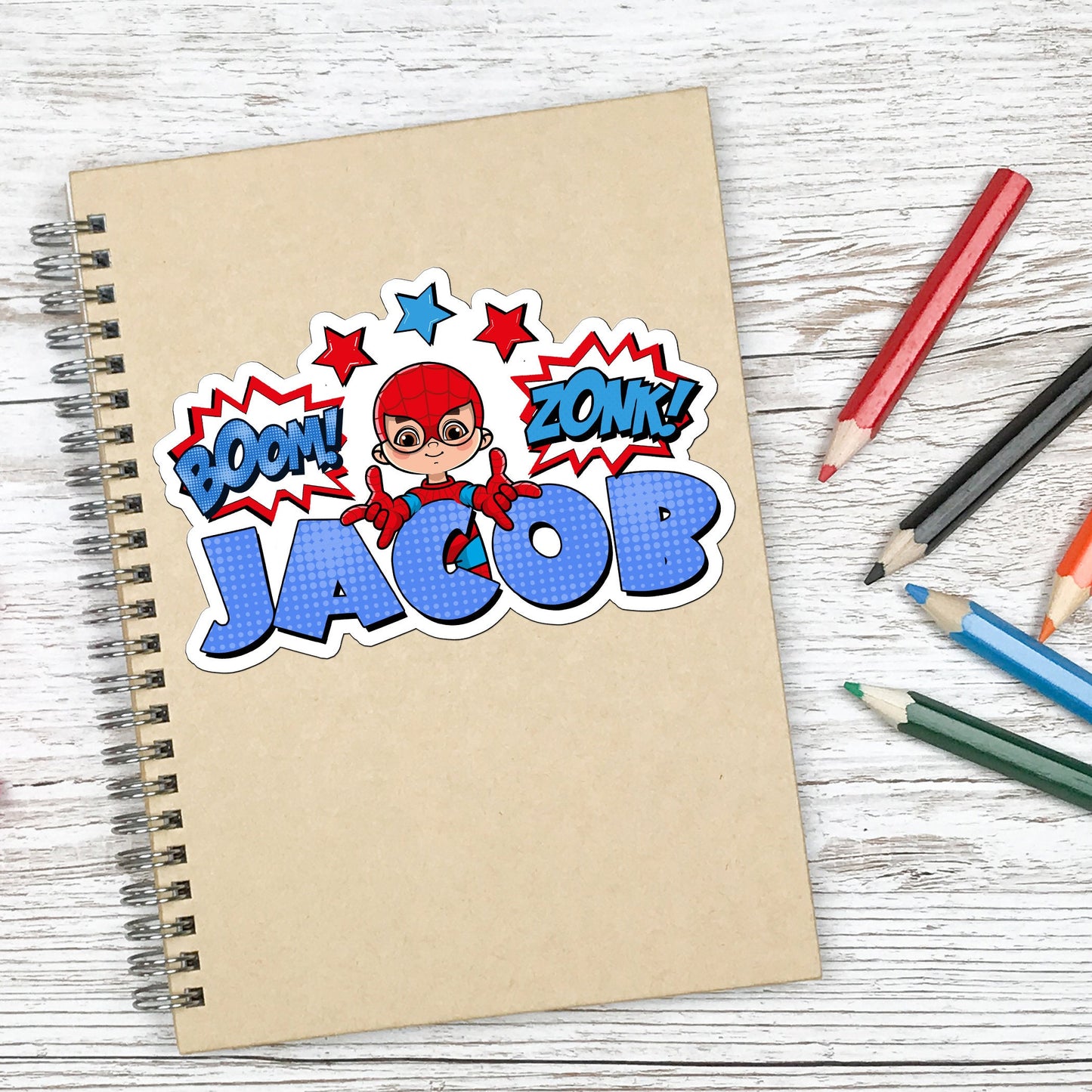 Spider Super Hero Custom Name Sticker, Superhero Sticker, Personalized Waterproof Sticker, Birthday Party Favor, Boy Stickers for Kids