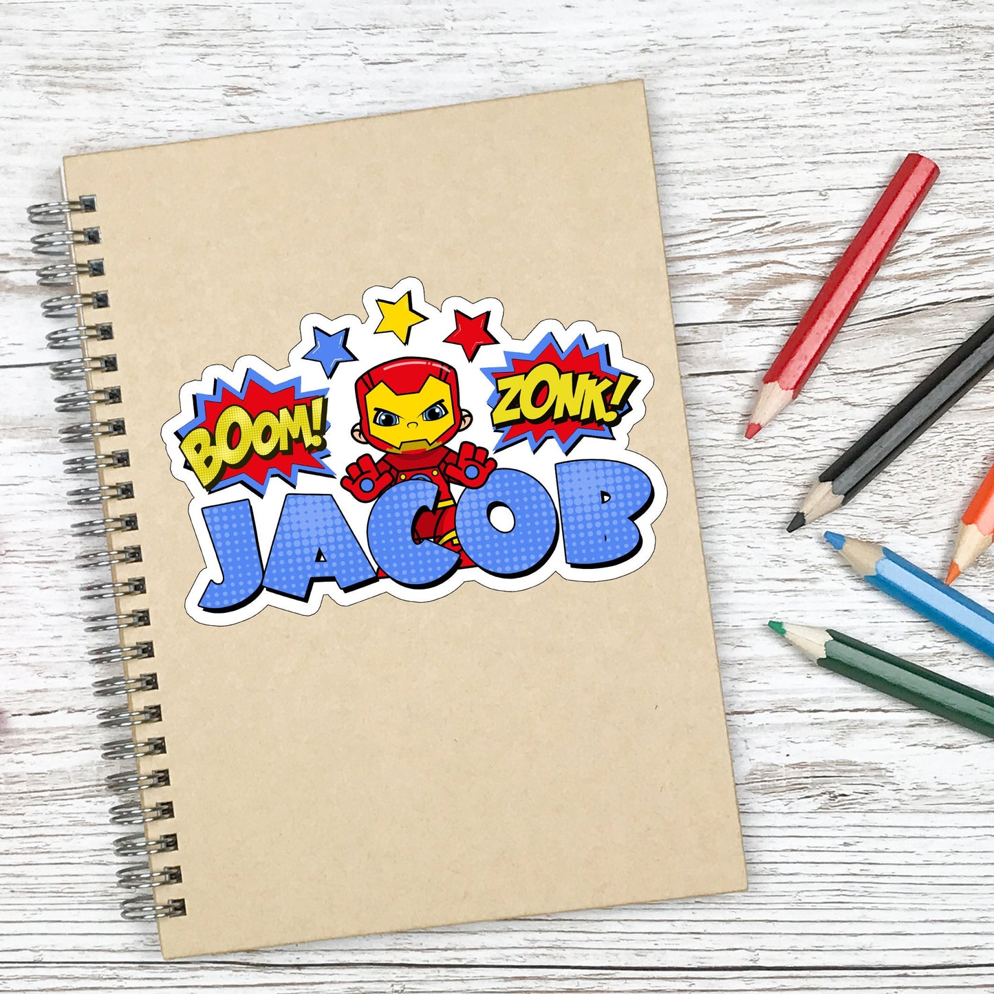 Iron Super Hero Custom Name Sticker, Superhero Sticker, Personalized Waterproof Sticker, Birthday Party Favor, Boy Stickers for Kids