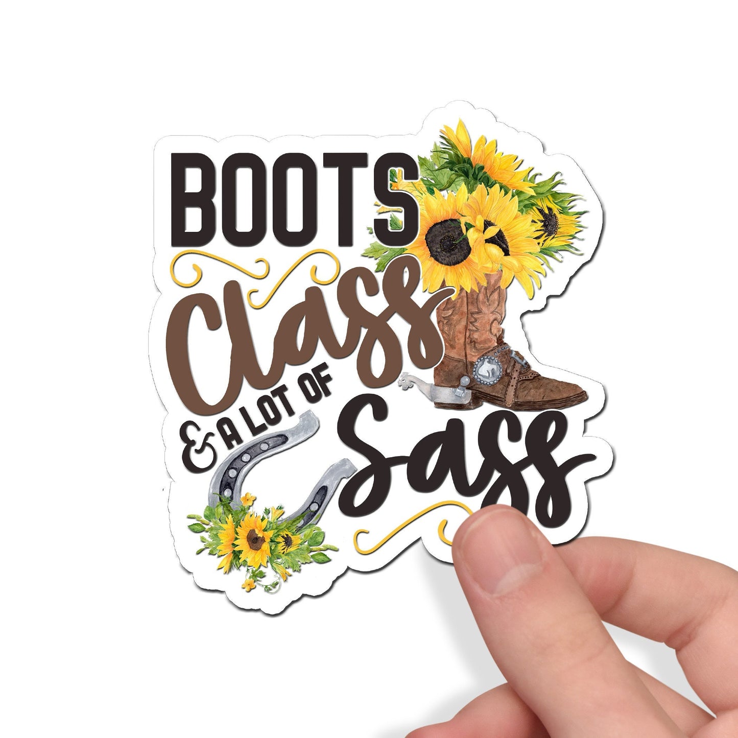 Boots Class Sass Custom Waterproof Sticker, Cowgirl Party Supplies, Southern Girl Gift Bag Sticker, Country Girl Decal, Sunflower Sticker