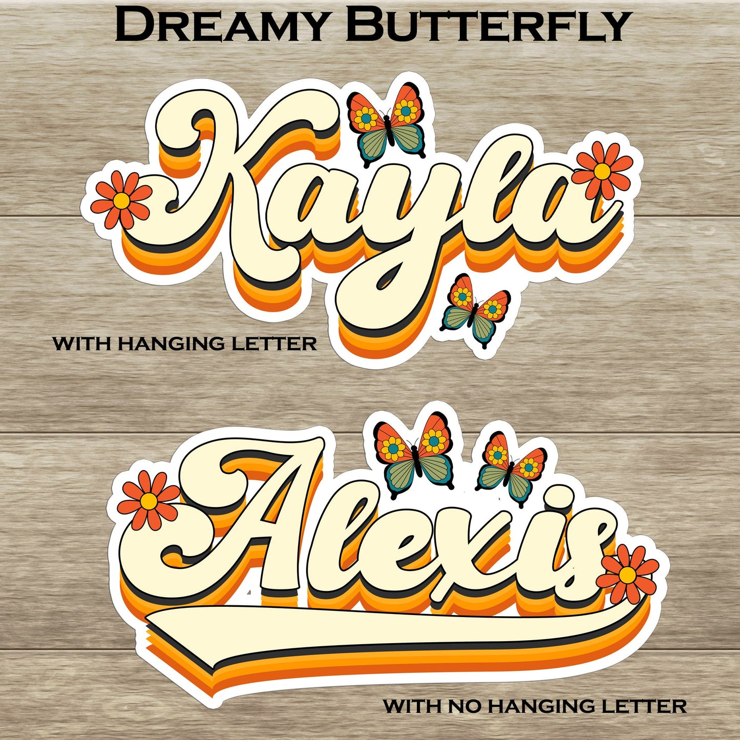 Cursive Retro Custom Name Sticker Personalized Vintage Hippie Daisy Butterfly Text Decal Waterproof for Tumblers Laptops