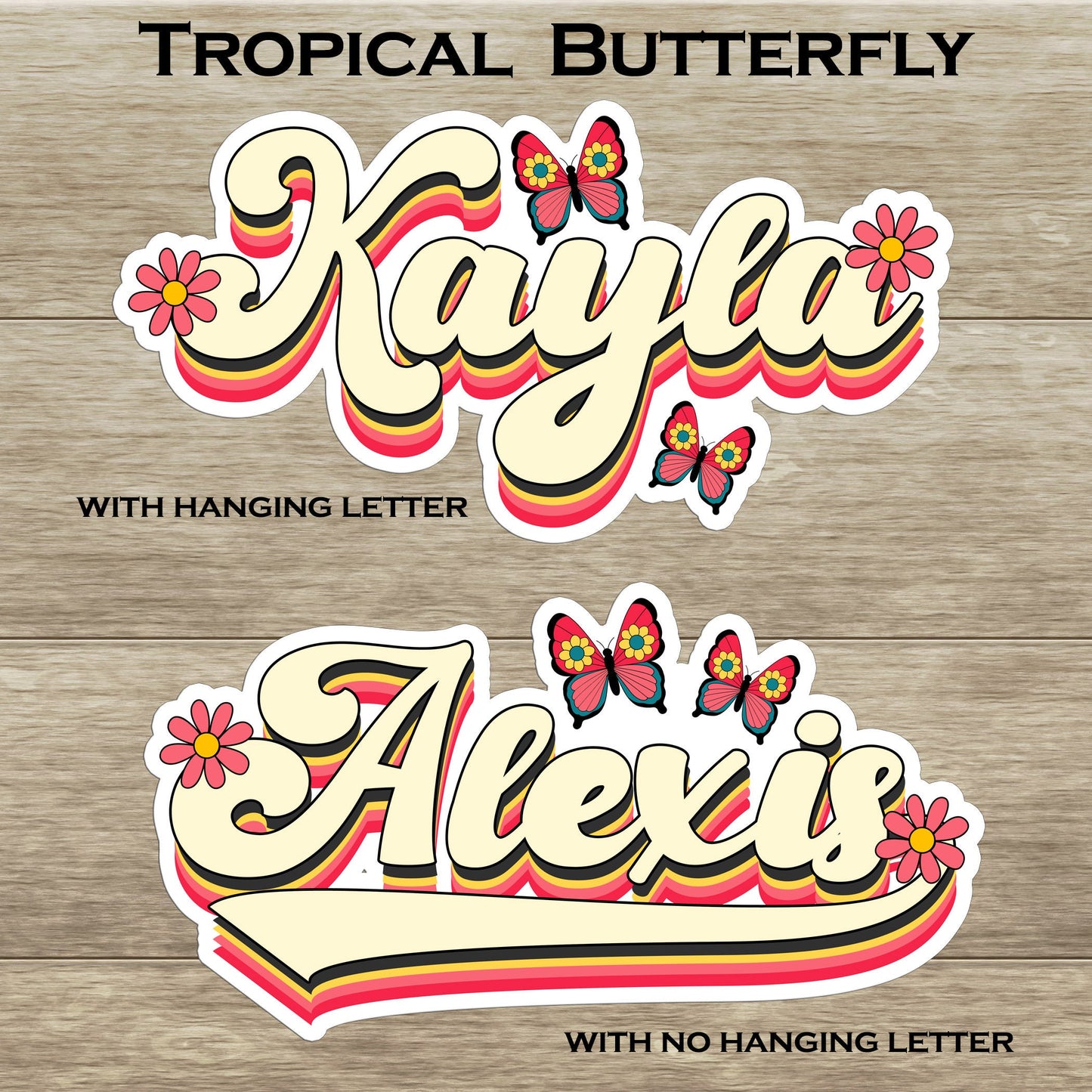 Cursive Retro Custom Name Sticker Personalized Vintage Hippie Daisy Butterfly Text Decal Waterproof for Tumblers Laptops