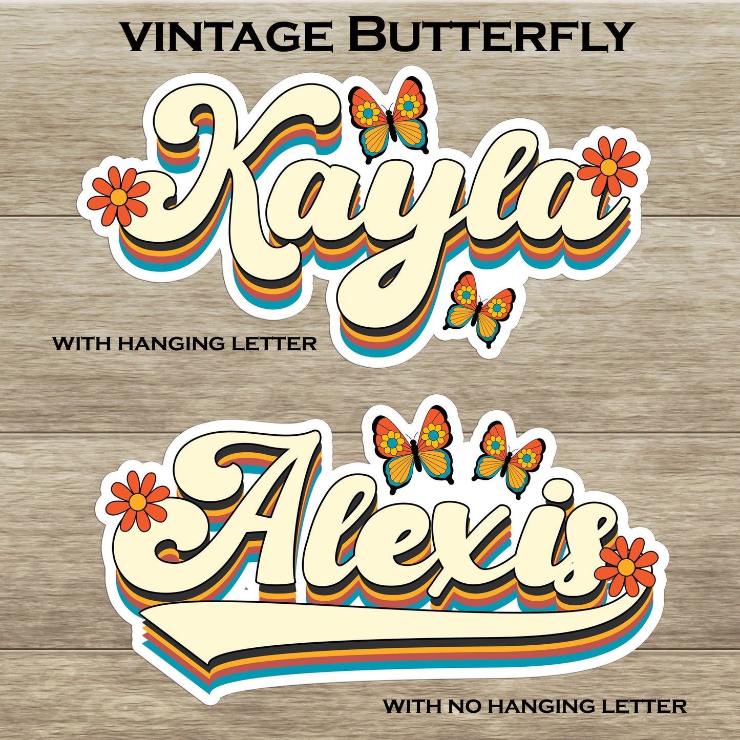 Cursive Retro Custom Name Sticker Personalized Vintage Hippie Daisy Butterfly Text Decal Waterproof for Tumblers Laptops