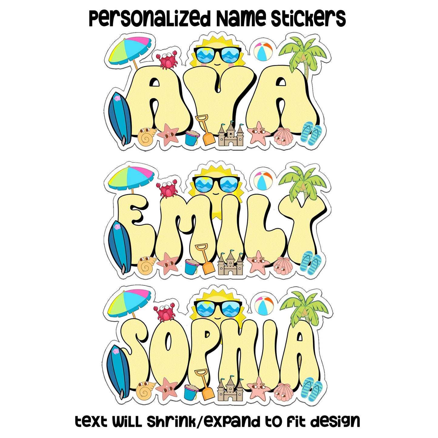 Personalized Beach Name Sticker, Custom Text Sticker, Waterproof Sticker, Nautical Birthday Party Favor, Cool Stickers, Sea Life Sticker