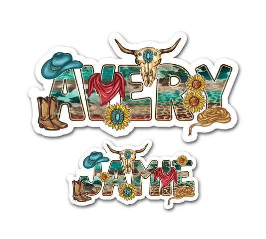 Rustic Western Custom Name Sticker, Wild West Waterproof Decal, Cowboy Rodeo Theme Label, Vintage Country Ranch Laptop or Water Bottle Decal