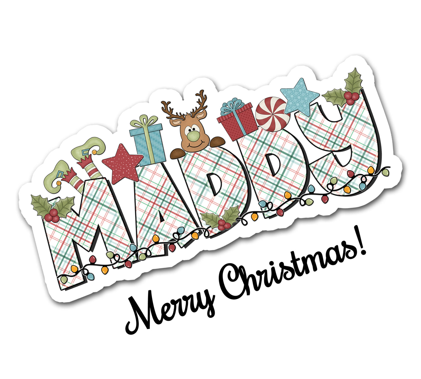 Cute Christmas Name Sticker, Custom Text  Stickers, Water Bottle Sticker, Gift Bag Tag Label, Xmas Decal, Cute Holiday Reindeer Elf Sticker