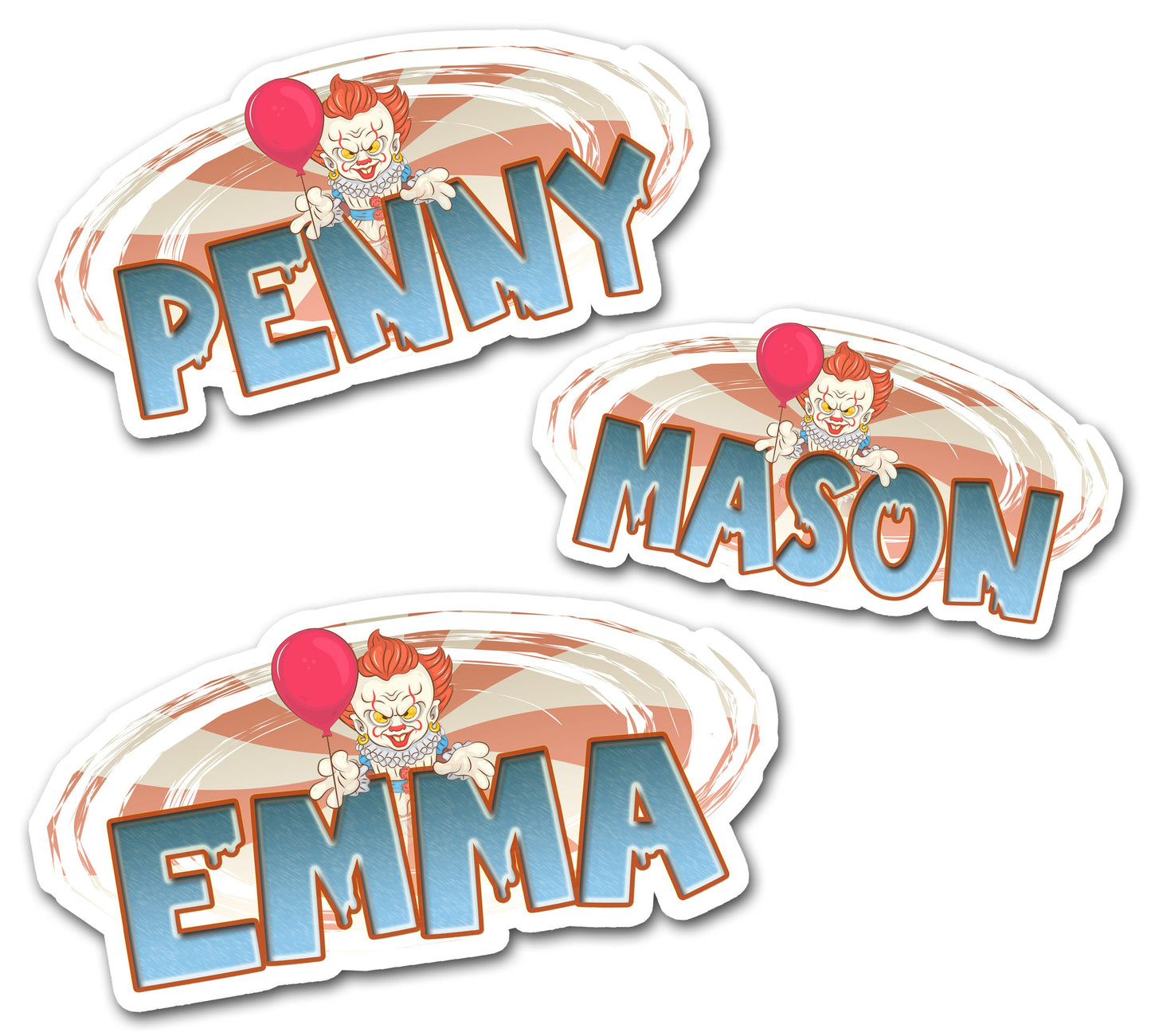Name Sticker Horror Movie-Theme Slasher Character, Custom Text Sticker, Personalized Scary Clown Decal, Red Balloon Halloween Name Label