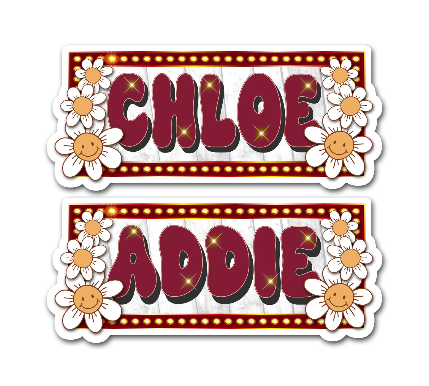 Retro Marquee Custom Name Sticker, Custom Text Sticker, Personalized Decal, Custom Name Sticker, Vintage Hippie Label, Happy Daisy Flowers