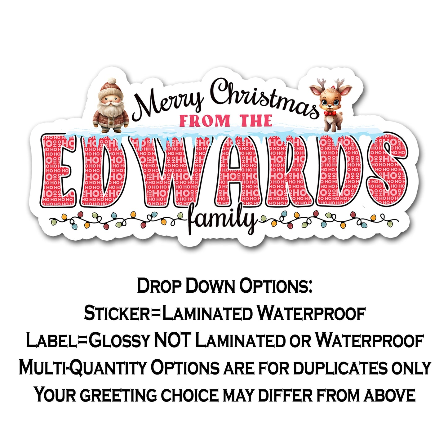 Custom Christmas Stickers, Vintage Santa Reindeer Holiday Decal, Personalized Family Name Labels for Gifts, Cards, Xmas Parties & More!