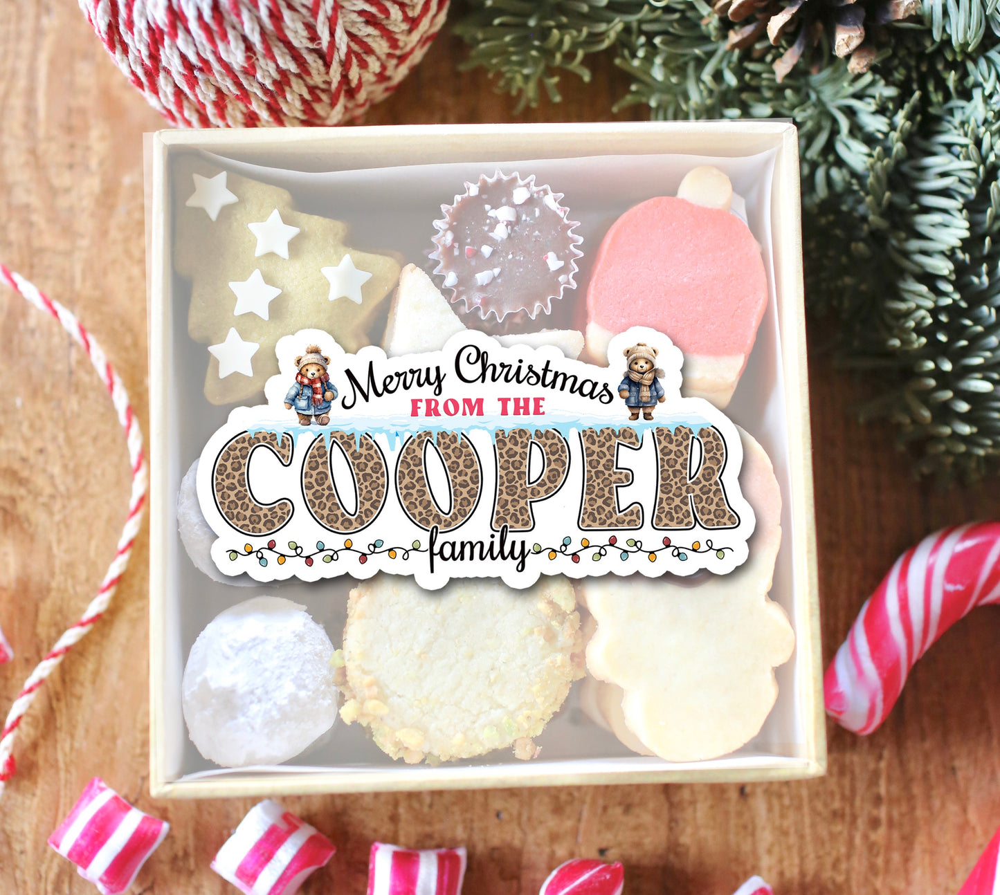 Custom Christmas Stickers, Vintage Winter Bear Holiday Decal, Personalized Family Name Labels for Gifts, Cards, Xmas Parties & More!