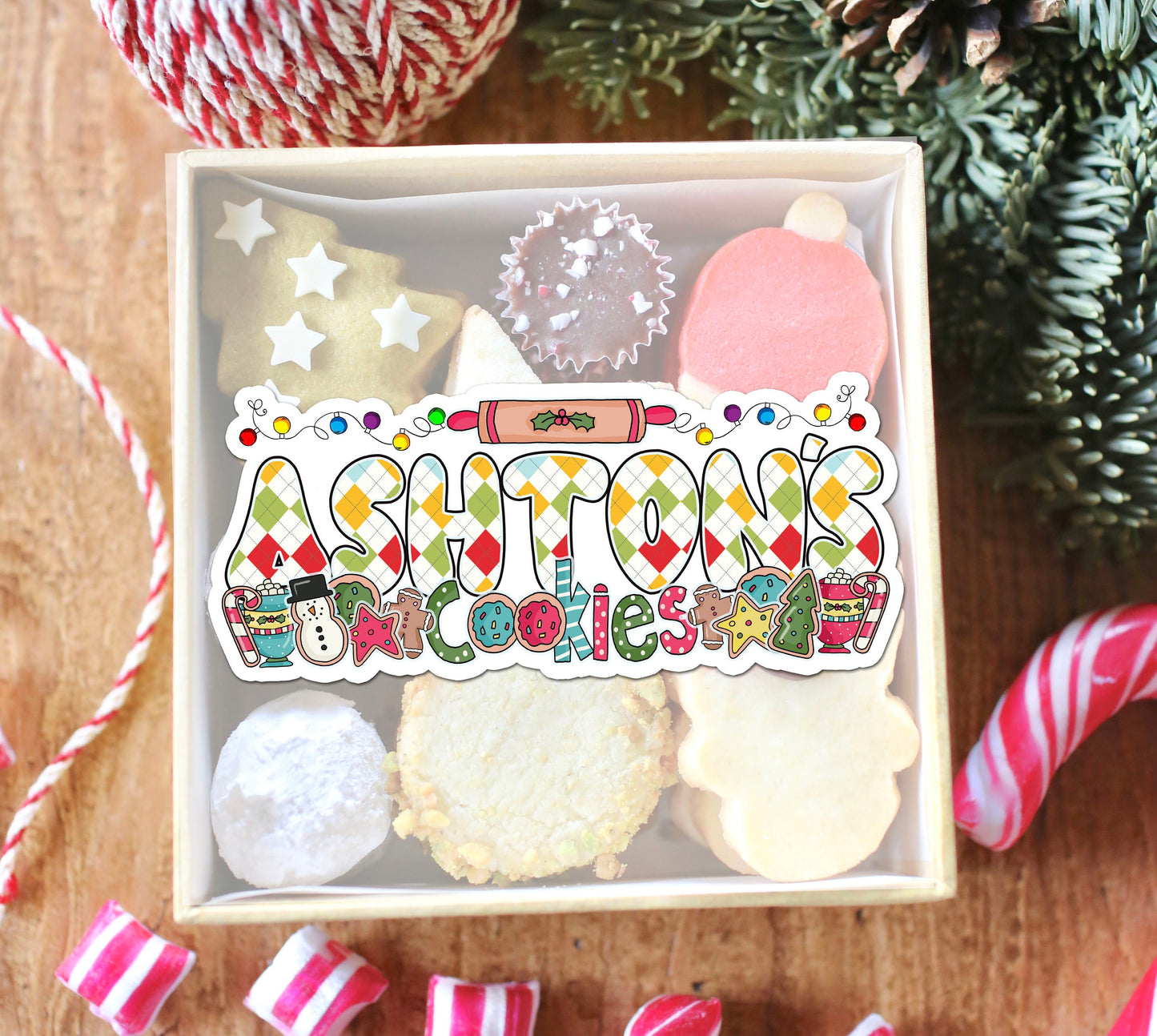 Cookie Name Label, Christmas Sticker, Custom Text Decal, Holiday Treat Tag, Vinyl Waterproof Cookie Exchange Name Decal, Cookie Gift Box Tag