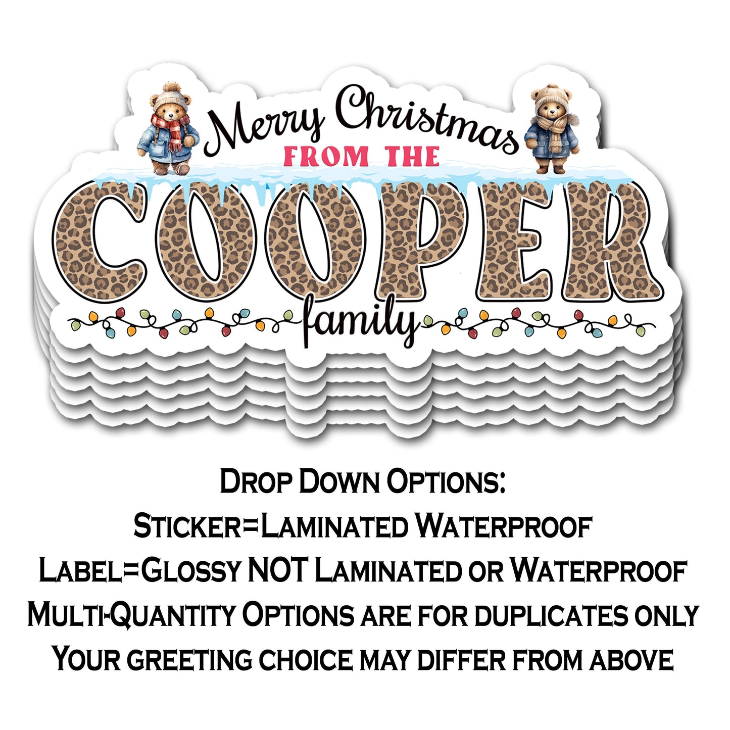 Custom Christmas Stickers, Vintage Winter Bear Holiday Decal, Personalized Family Name Labels for Gifts, Cards, Xmas Parties & More!