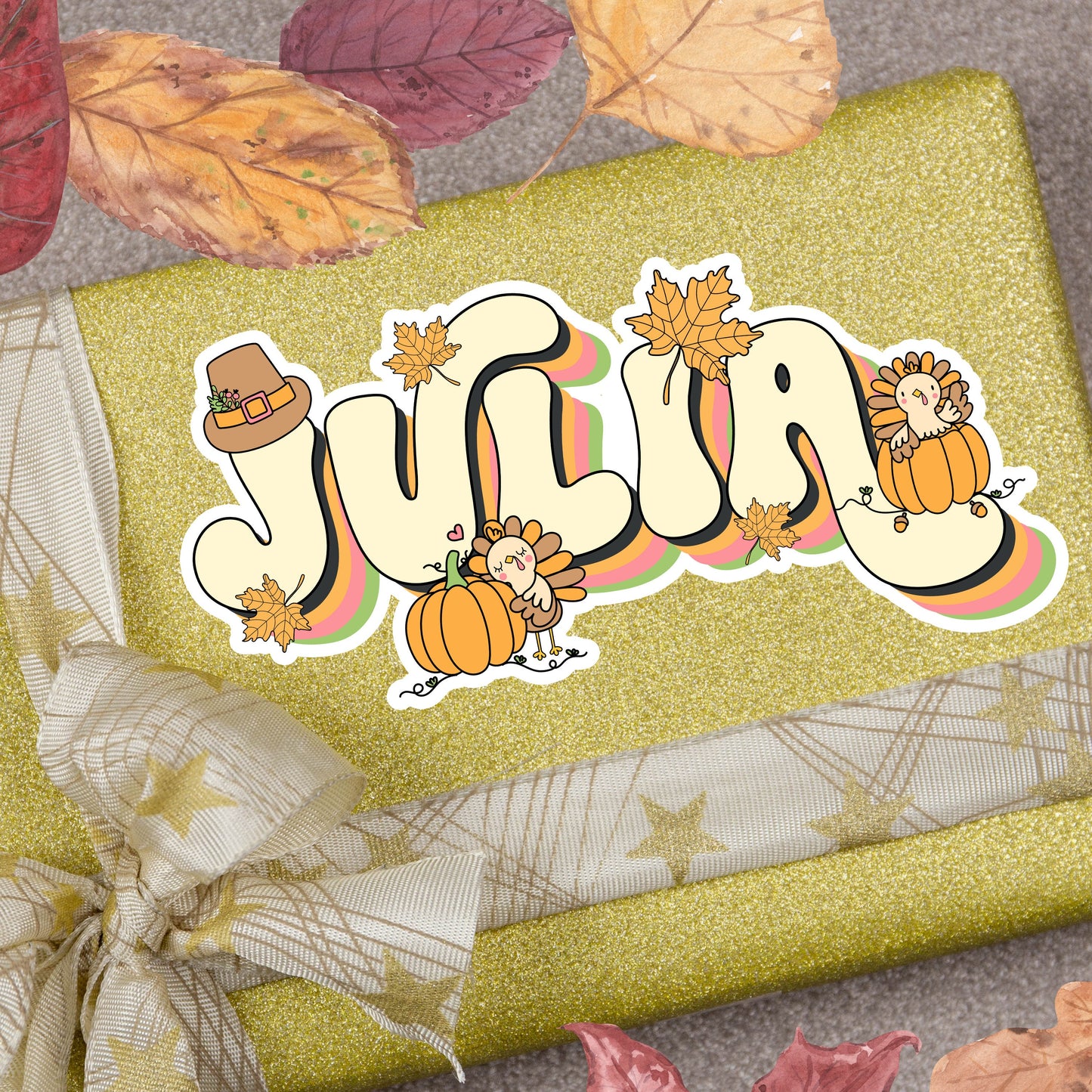 Custom Name Sticker, Thanksgiving Decal, Fall Turkey Sticker, Autumn Place Setting, Retro Aesthetic, Funny Party Favor, Cool Label for Event