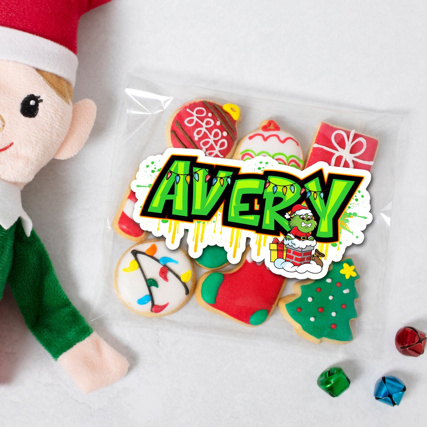 Custom Christmas Name Sticker - Trendy Decal Label - Cute Unique Design - Personalized Gift - Holiday Labels - Secret Santa Cranky Character