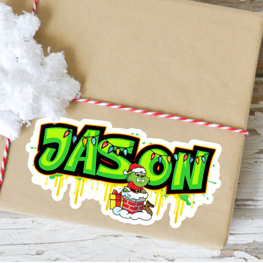 Custom Christmas Name Sticker - Trendy Decal Label - Cute Unique Design - Personalized Gift - Holiday Labels - Secret Santa Cranky Character