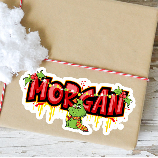 Custom Christmas Name Sticker - Trendy Decal Label - Cute Unique Design - Personalized Gift - Holiday Labels - Secret Santa Cranky Character