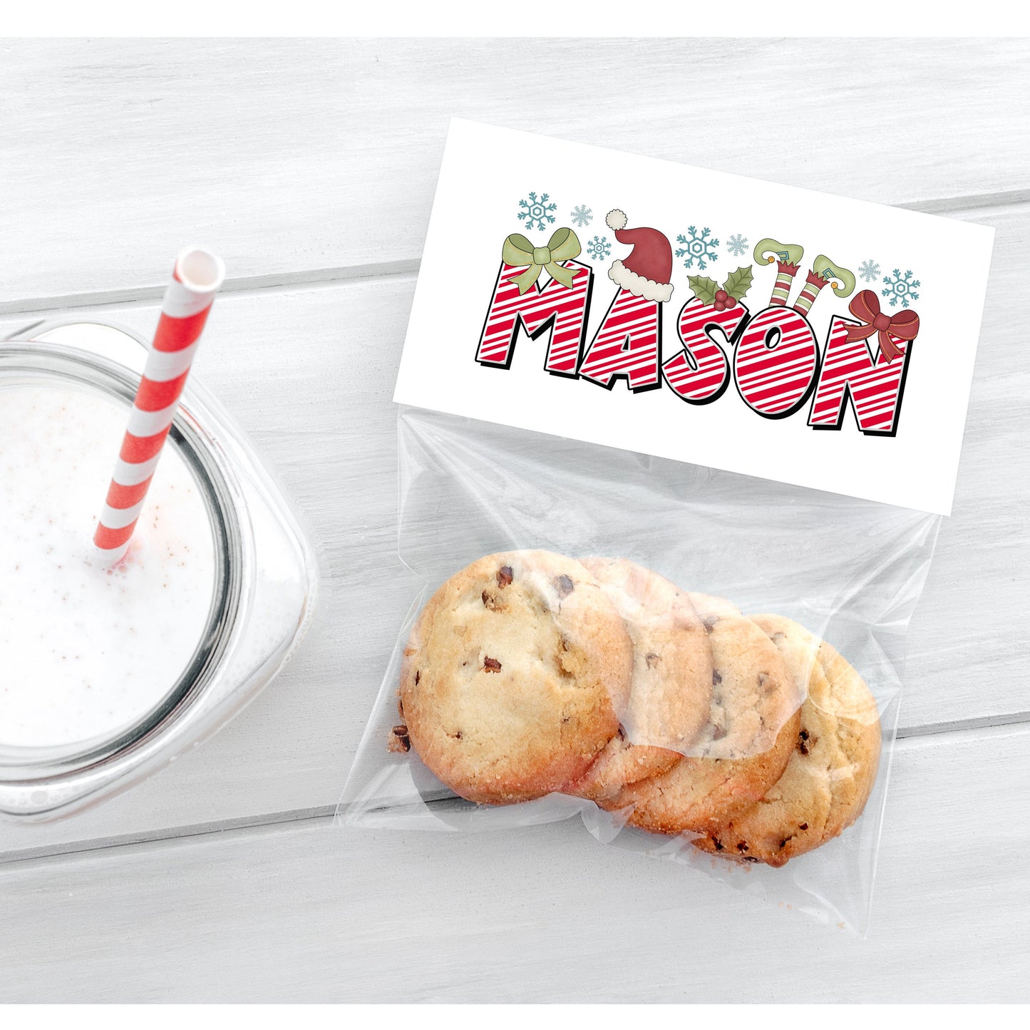 Cute Christmas Name Sticker, Custom Text  Stickers, Water Bottle Sticker, Gift Bag Tag Label, Xmas Decal, Cute Aesetitic Holiday Elf Sticker