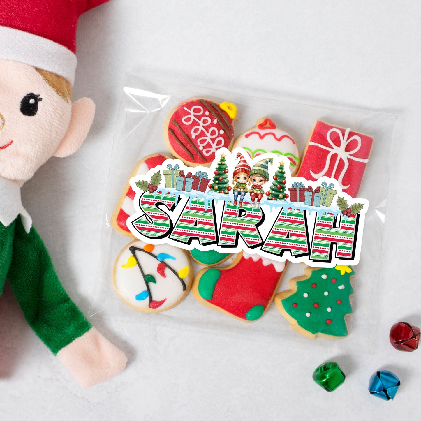 Christmas Name Sticker, Custom Text Stickers, Gift Bag Tag, Cookie Bage Label, Xmas Decal, Cute Little Elves, Aesthetic Holiday Elf Sticker