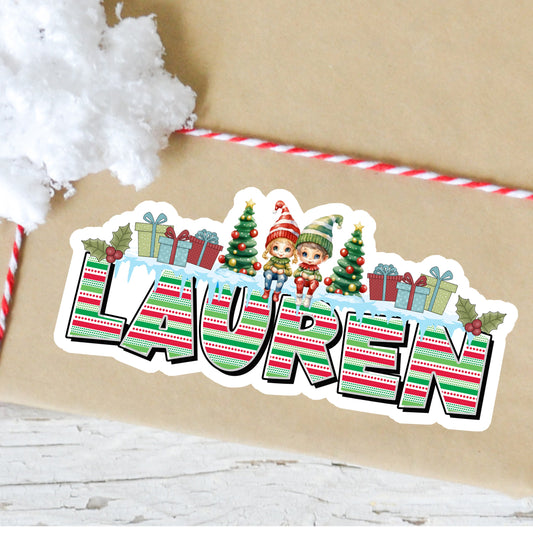 Christmas Name Sticker, Custom Text Stickers, Gift Bag Tag, Cookie Bage Label, Xmas Decal, Cute Little Elves, Aesthetic Holiday Elf Sticker