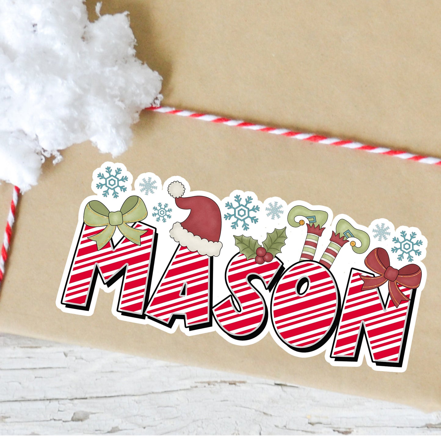 Cute Christmas Name Sticker, Custom Text  Stickers, Water Bottle Sticker, Gift Bag Tag Label, Xmas Decal, Cute Aesetitic Holiday Elf Sticker
