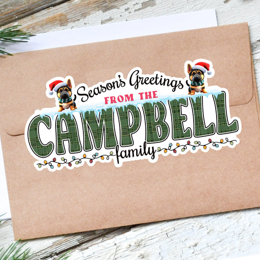 Custom Christmas Stickers, Cute German Shepard Holiday Decal,  Personalized Family Name Labels for Gifts, Cards, Xmas Partys & More!