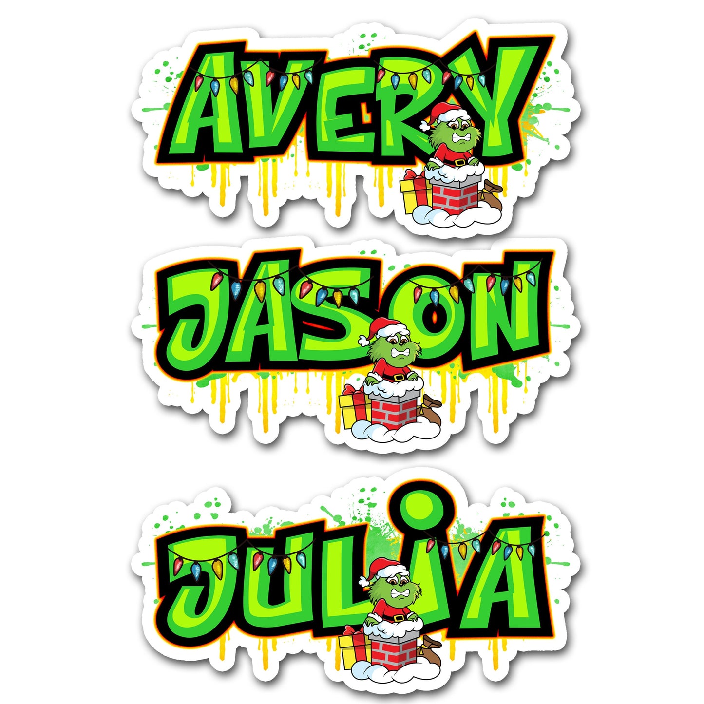 Custom Christmas Name Sticker - Trendy Decal Label - Cute Unique Design - Personalized Gift - Holiday Labels - Secret Santa Cranky Character