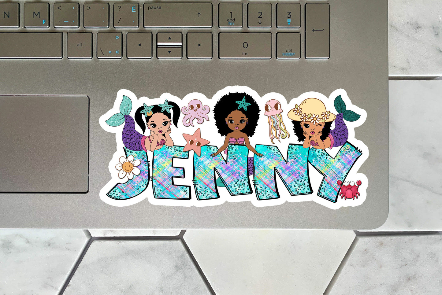 Personalized Mermaid Name Sticker - Waterproof Decal for Water Bottle, Laptop - Birthday Beach Sea Theme - Custom Girls Label