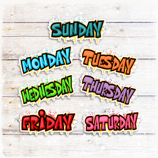 Days of The Week Sticker Labels Graffiti Style - Weekly Planner Stickers - Waterproof Vinyl Decals, Meal Prep Labels, Reminder Organization