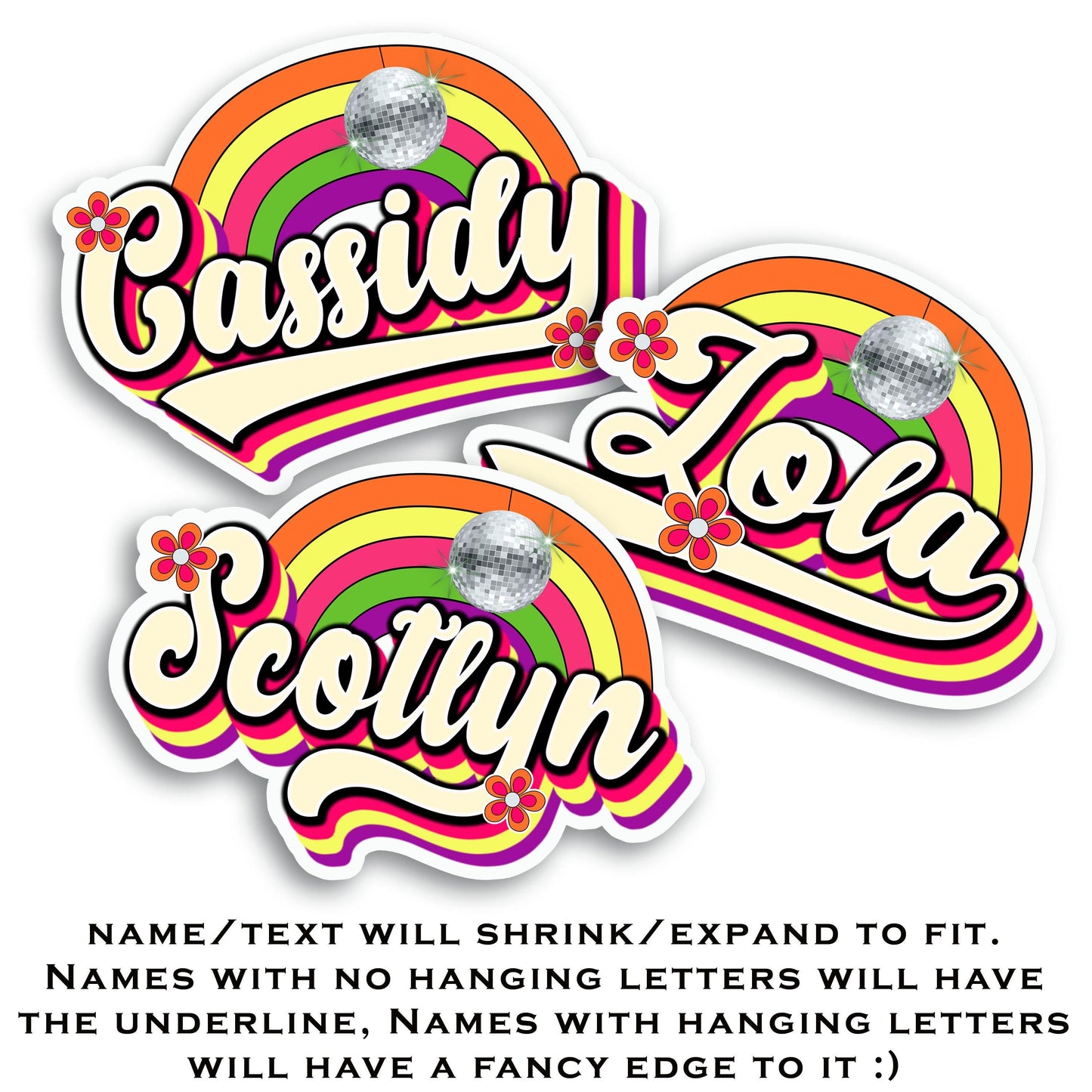 Rainbow Disco Custom Name Sticker, Water Bottle Sticker, Personalized 70s Aesthetic Decal, Vintage Name Label, Vibrant Groovy Vinyl Sticker
