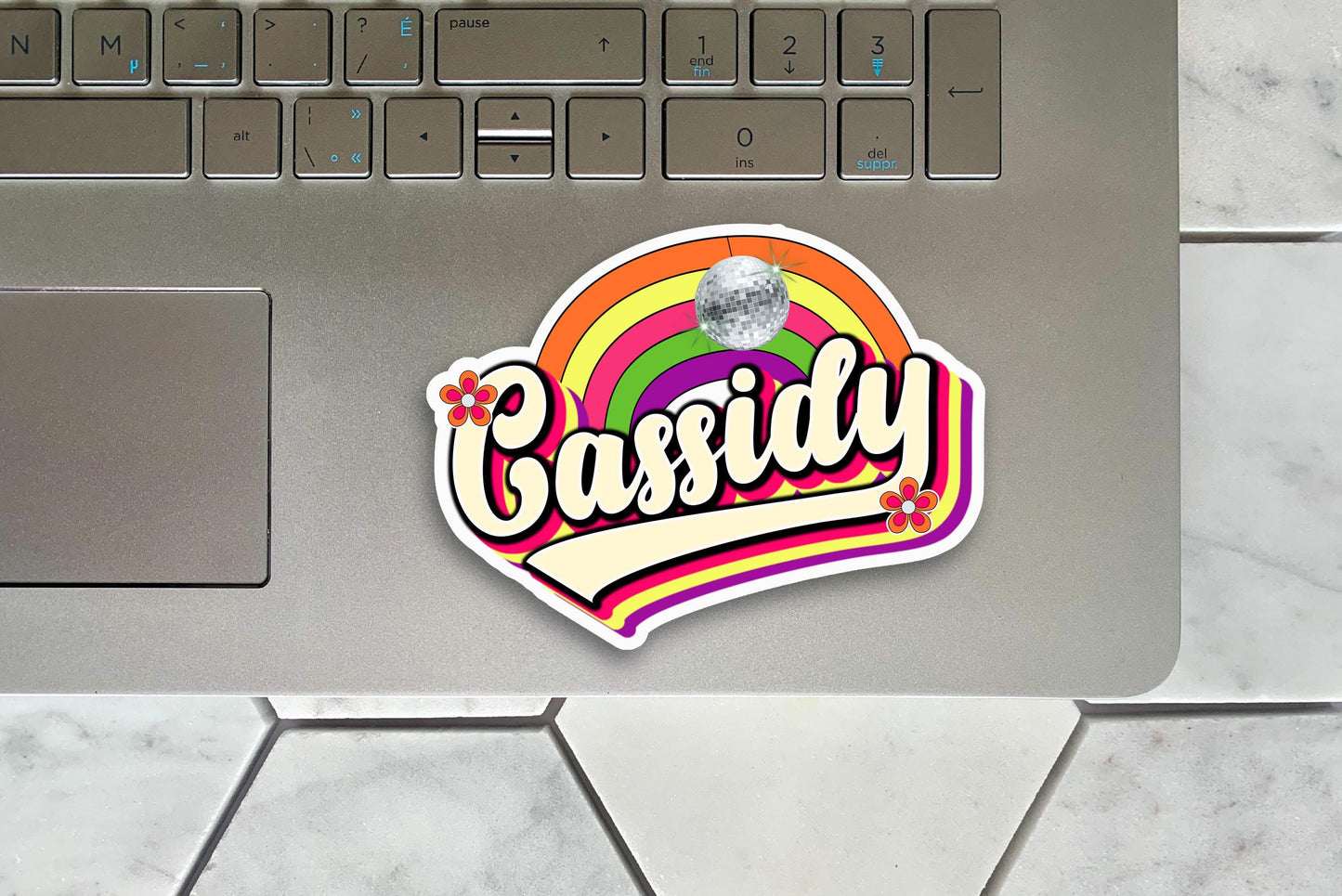 Rainbow Disco Custom Name Sticker, Water Bottle Sticker, Personalized 70s Aesthetic Decal, Vintage Name Label, Vibrant Groovy Vinyl Sticker