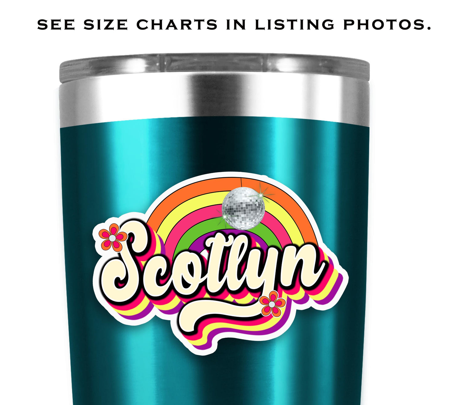 Rainbow Disco Custom Name Sticker, Water Bottle Sticker, Personalized 70s Aesthetic Decal, Vintage Name Label, Vibrant Groovy Vinyl Sticker