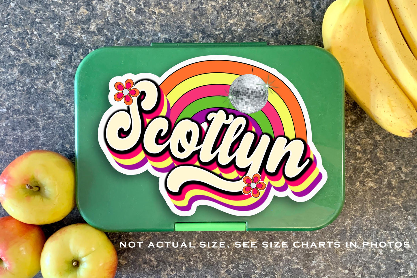 Rainbow Disco Custom Name Sticker, Water Bottle Sticker, Personalized 70s Aesthetic Decal, Vintage Name Label, Vibrant Groovy Vinyl Sticker