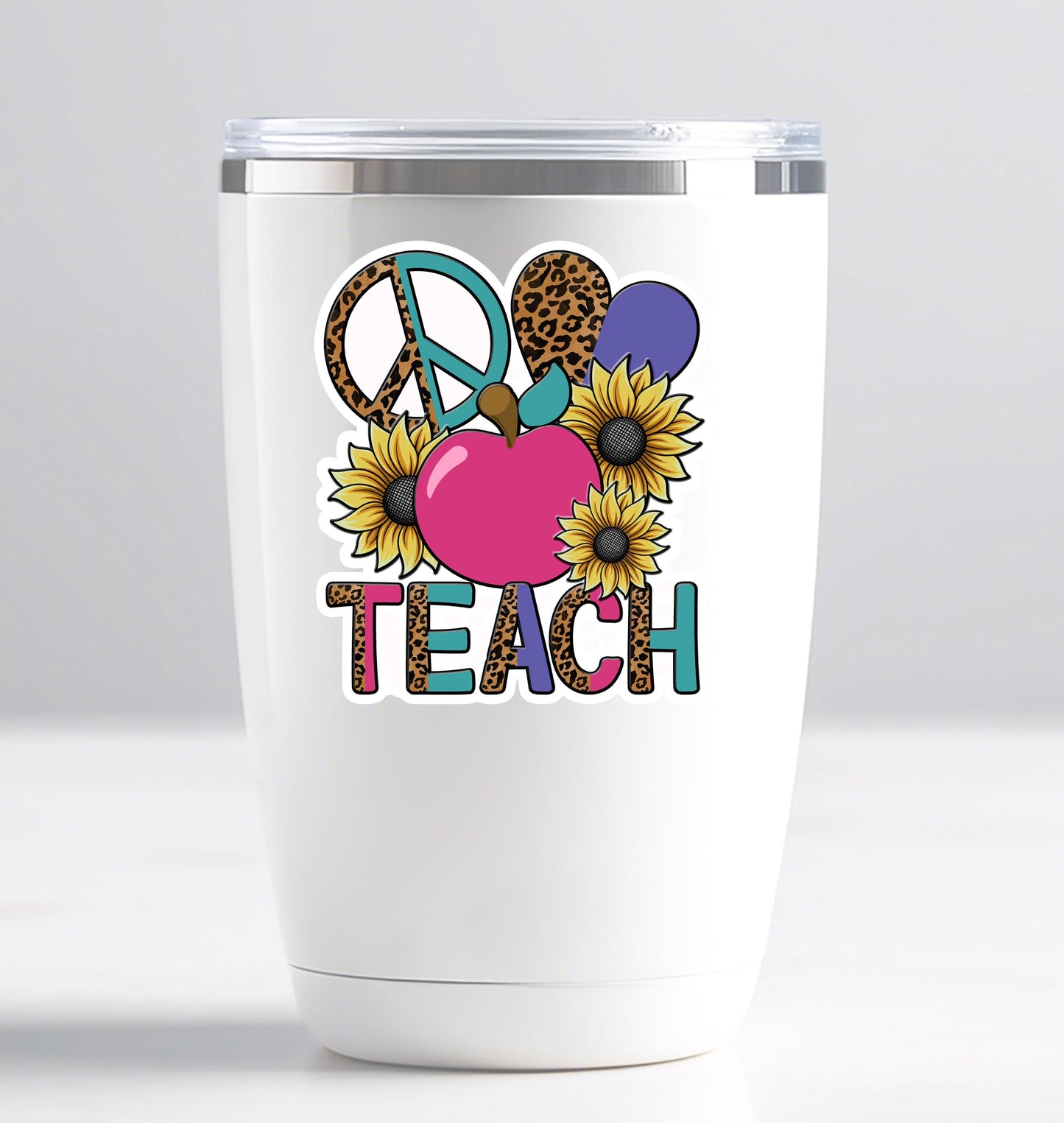 Fall Teacher Sticker, Peace Love Teach, Sunflower Leopard Print Decal, Waterproof Vinyl, Laptop Tumbler Decor, Autumn Party Favor, Gift