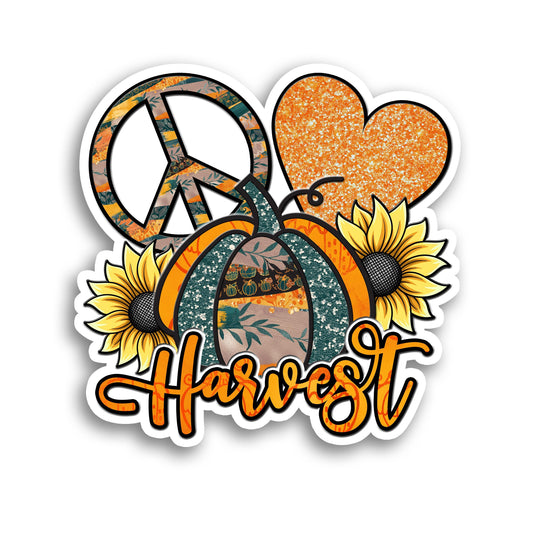 Fall Sticker, Autumn Decal, Peace Love Harvest, Pumpkin Sunflower Waterproof Vinyl Laptop Decor, Aesthetic Party Favor, Cute Treat Bag Label
