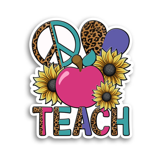 Fall Teacher Sticker, Peace Love Teach, Sunflower Leopard Print Decal, Waterproof Vinyl, Laptop Tumbler Decor, Autumn Party Favor, Gift