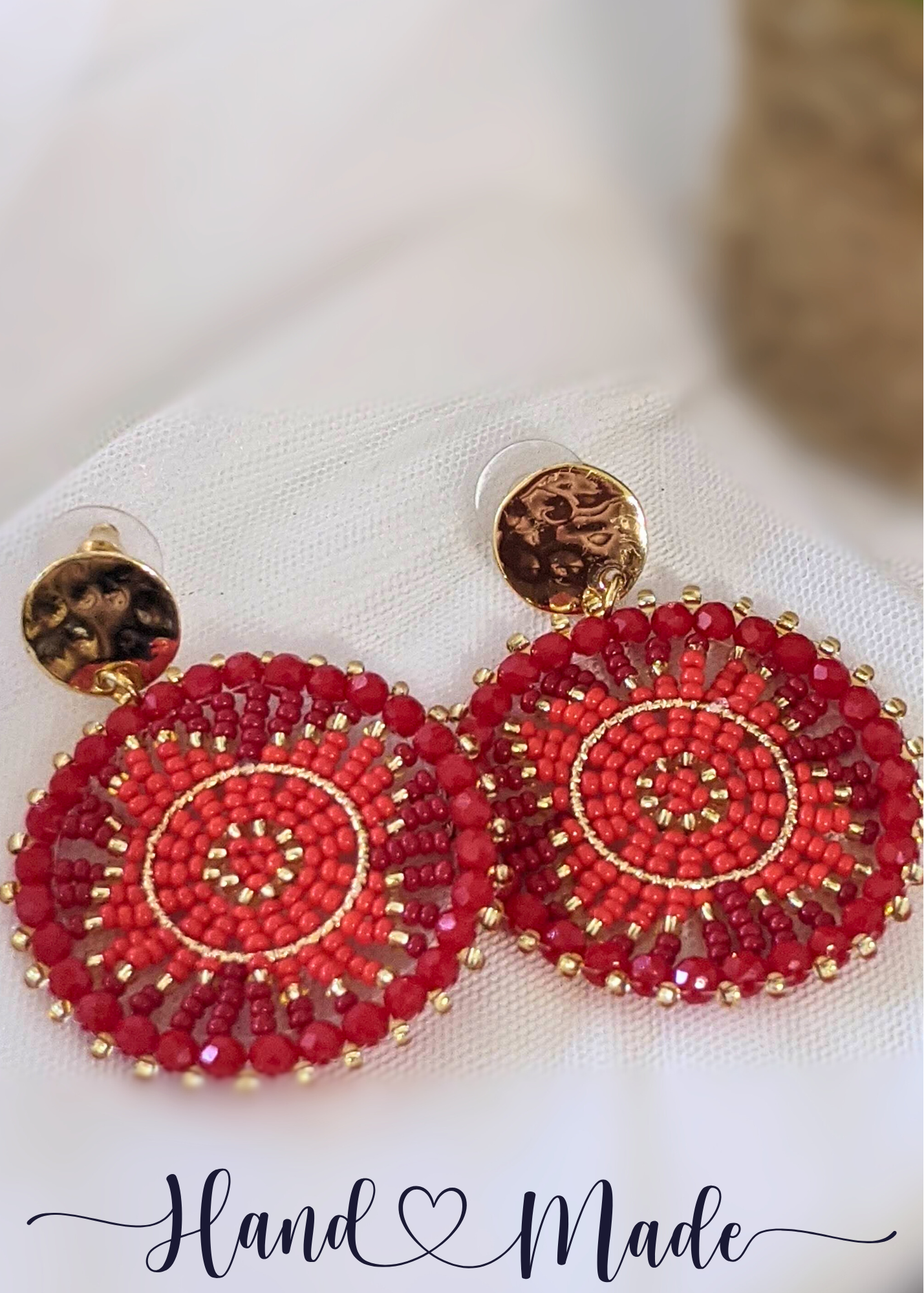 Chaquira-Inspired Red and Gold Beaded Earrings - 2" Round Dangles with Gold Stainless Steel Posts - Elegant Holiday Jewelry